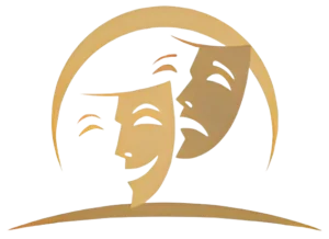 A gold and black logo with two masks